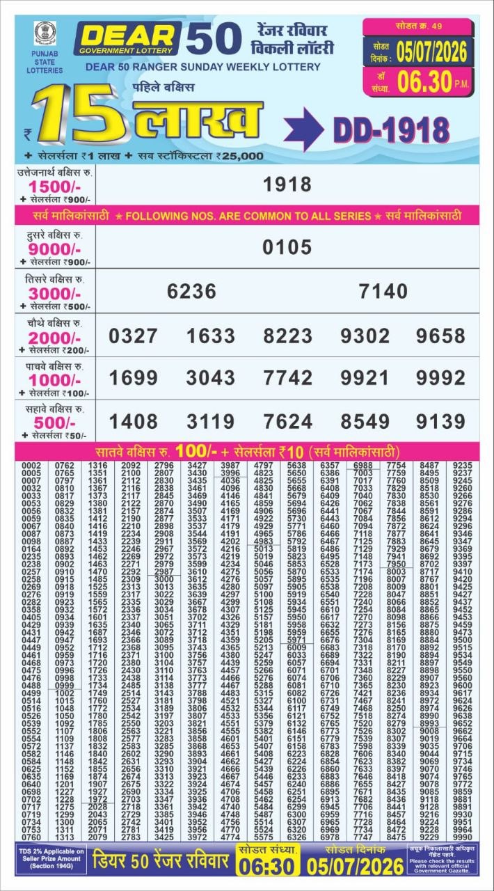Punjab State Dear 50 Lottery 6:30PM Result 05 07 26