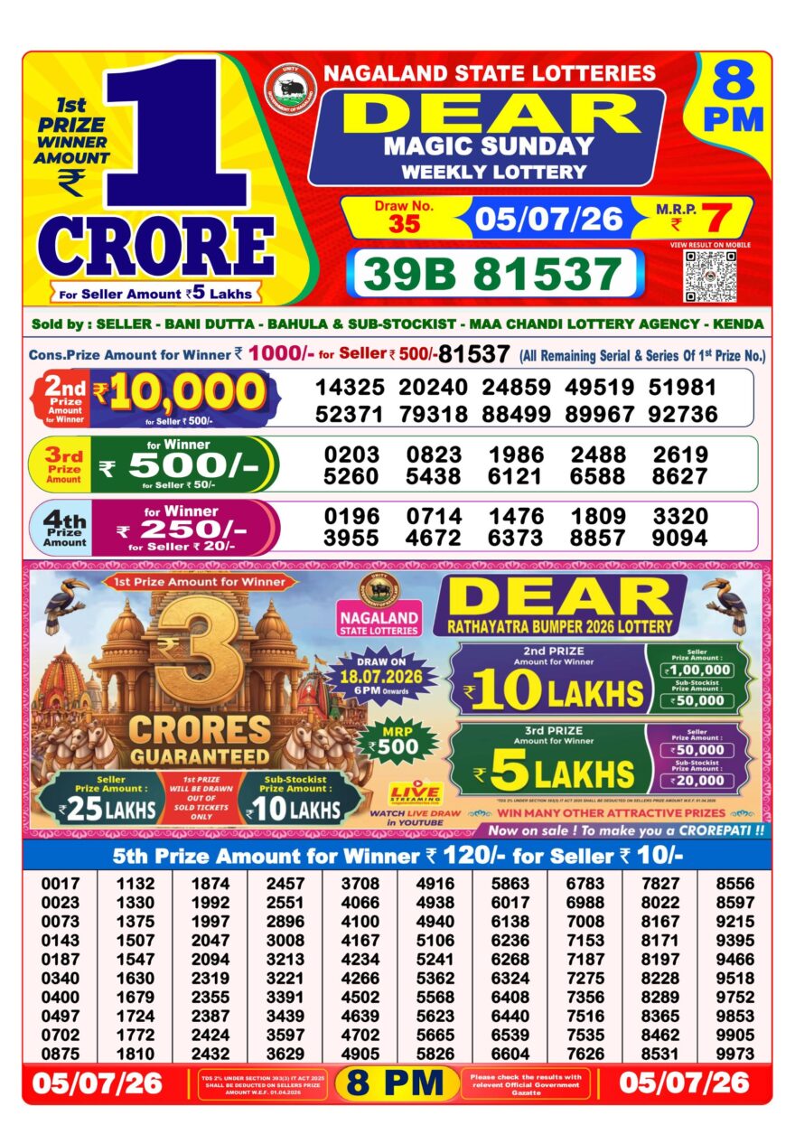 Dear Lottery Result 8PM 05 07 26
