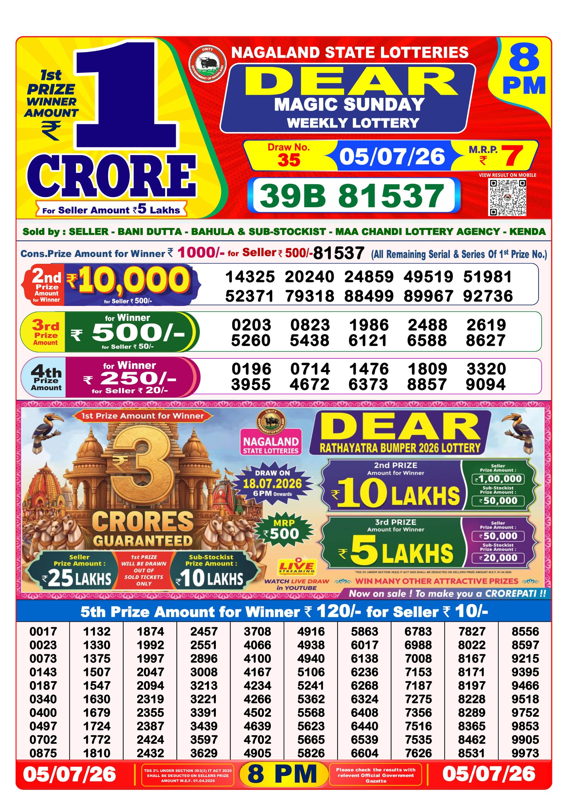 Dear Lottery Result 8PM 05 07 26