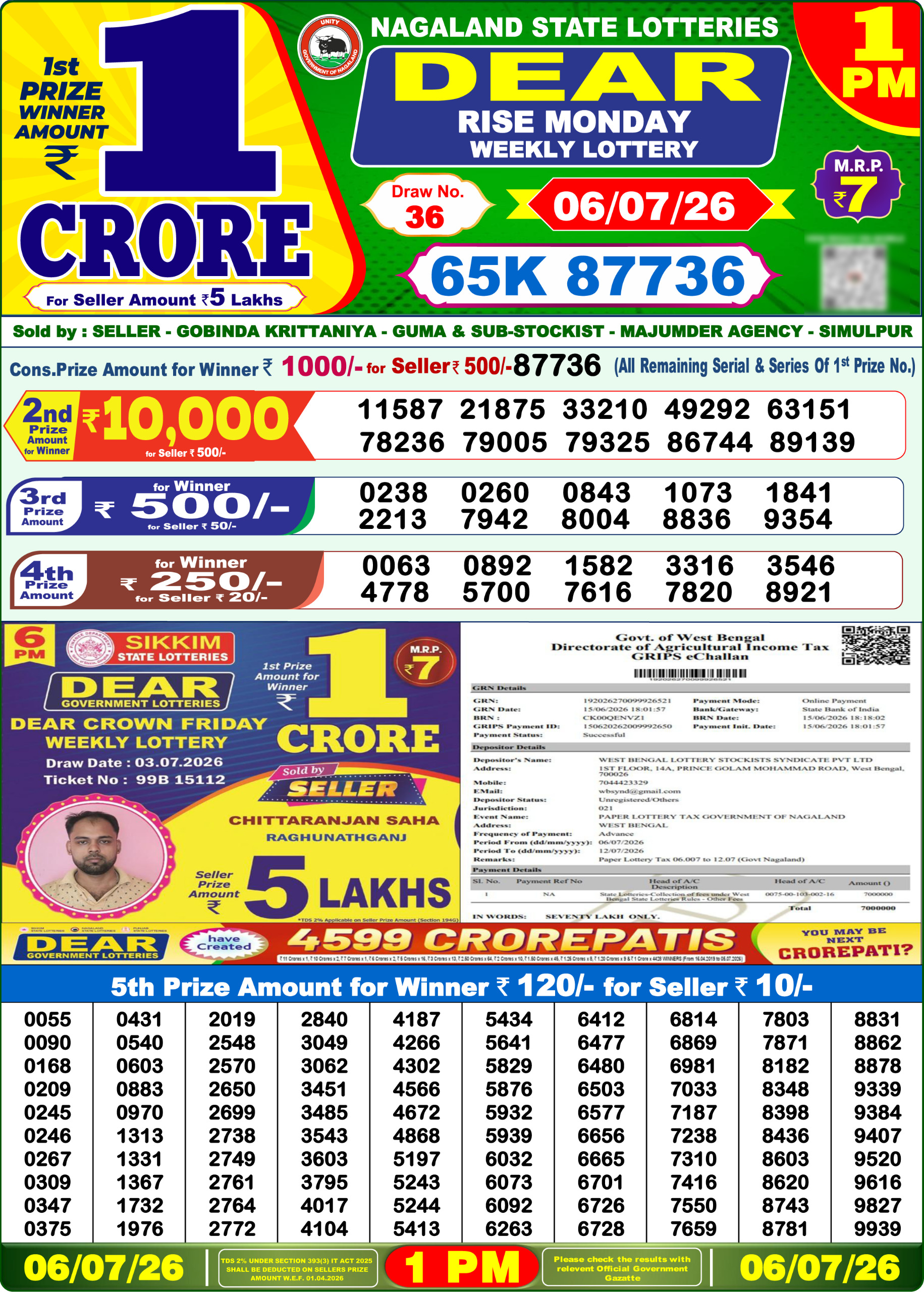 Dear Lottery Result Today 1PM 06 07 26