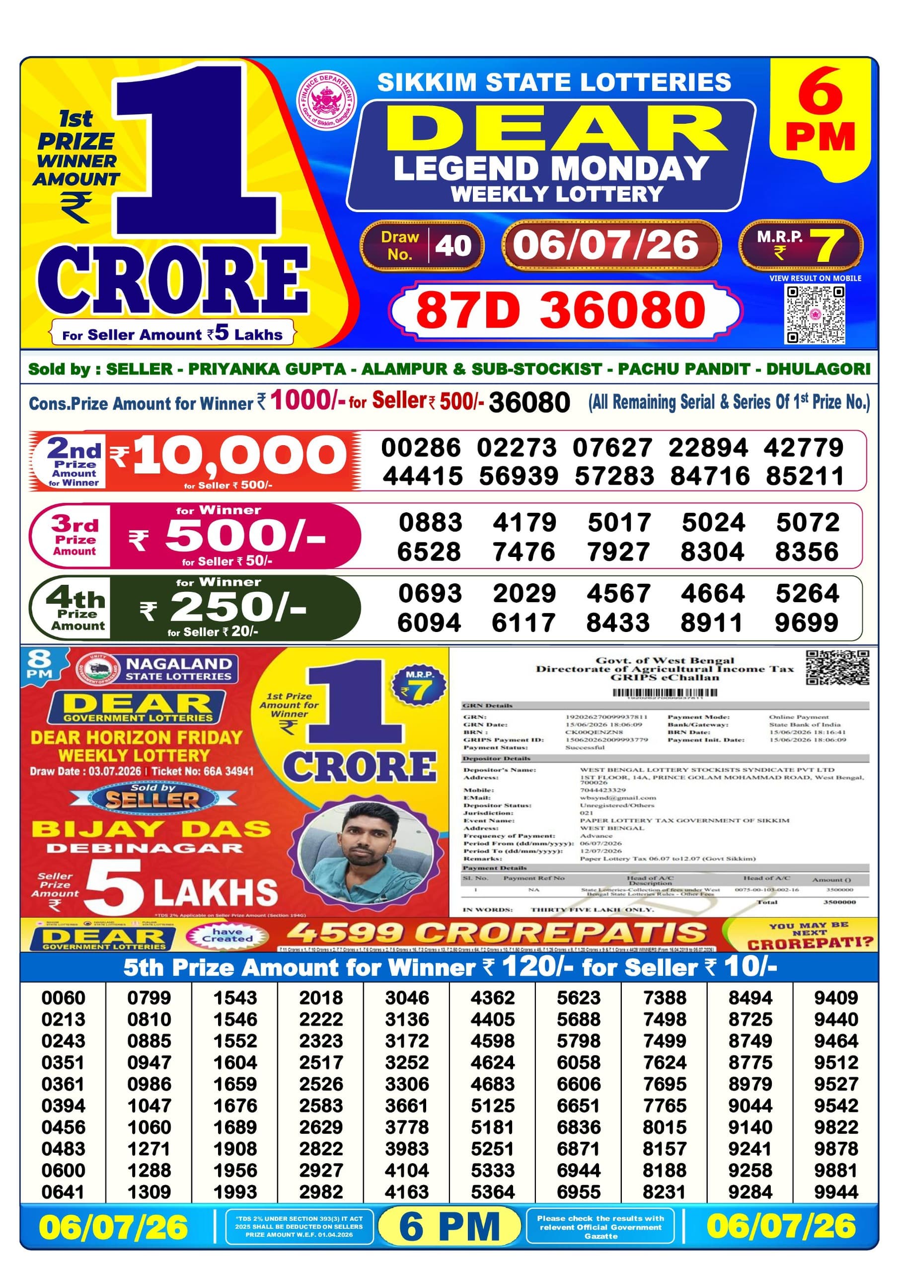 Dear Lottery Today Result 6PM 06 07 26