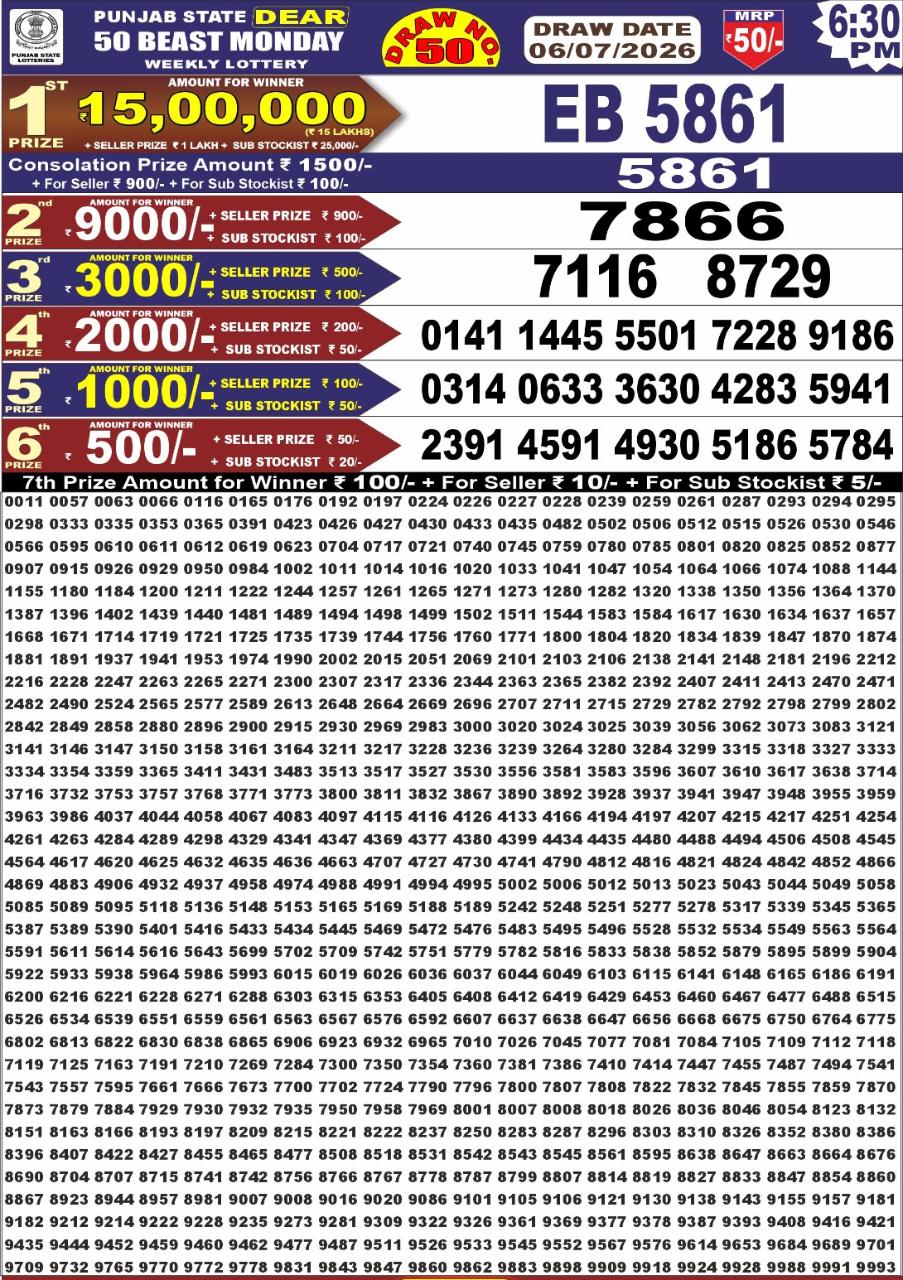 Punjab State Dear 50 Lottery 6:30PM Result 06 07 26