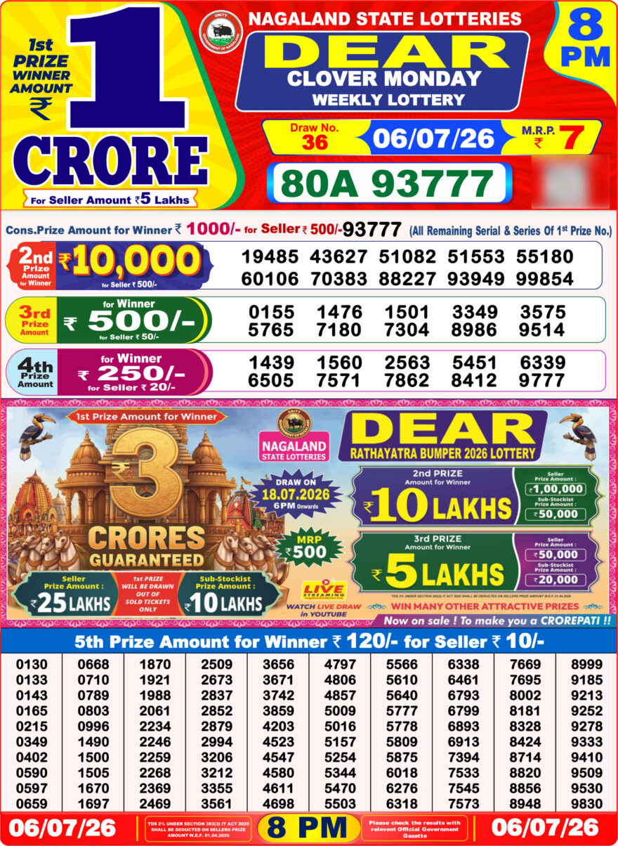 Dear Lottery Result 8PM 06 07 26