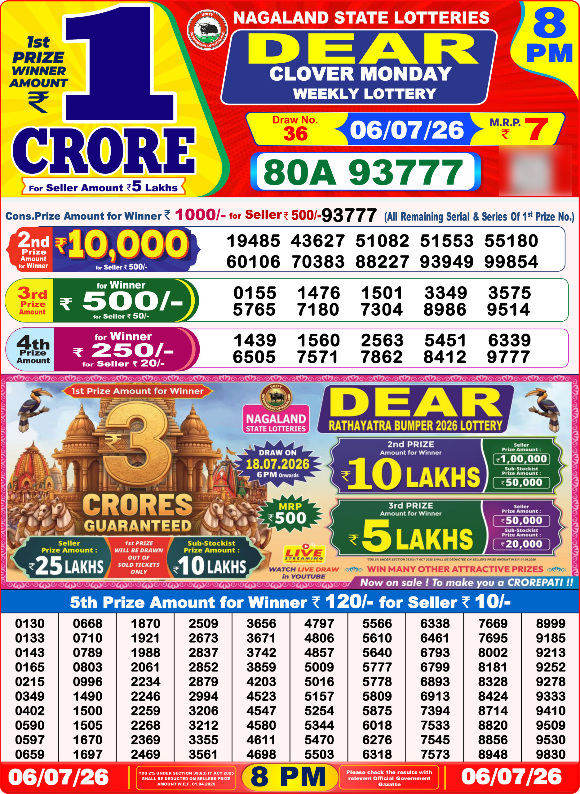 Dear Lottery Result 8PM 06 07 26