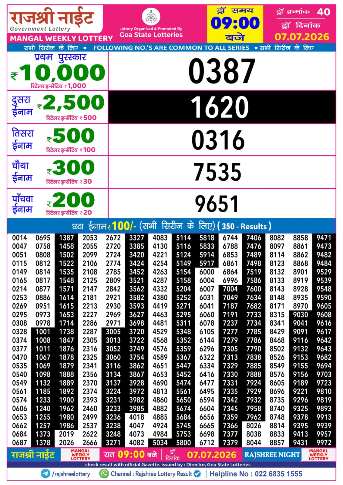 Rajshree 9PM Result 07 07 26