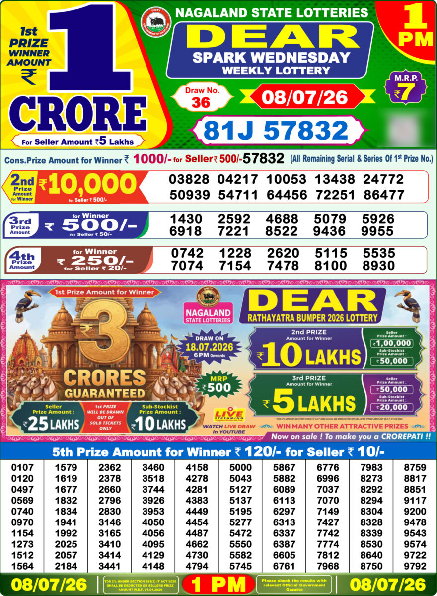 Dear Lottery Result Today 1PM 08 07 26