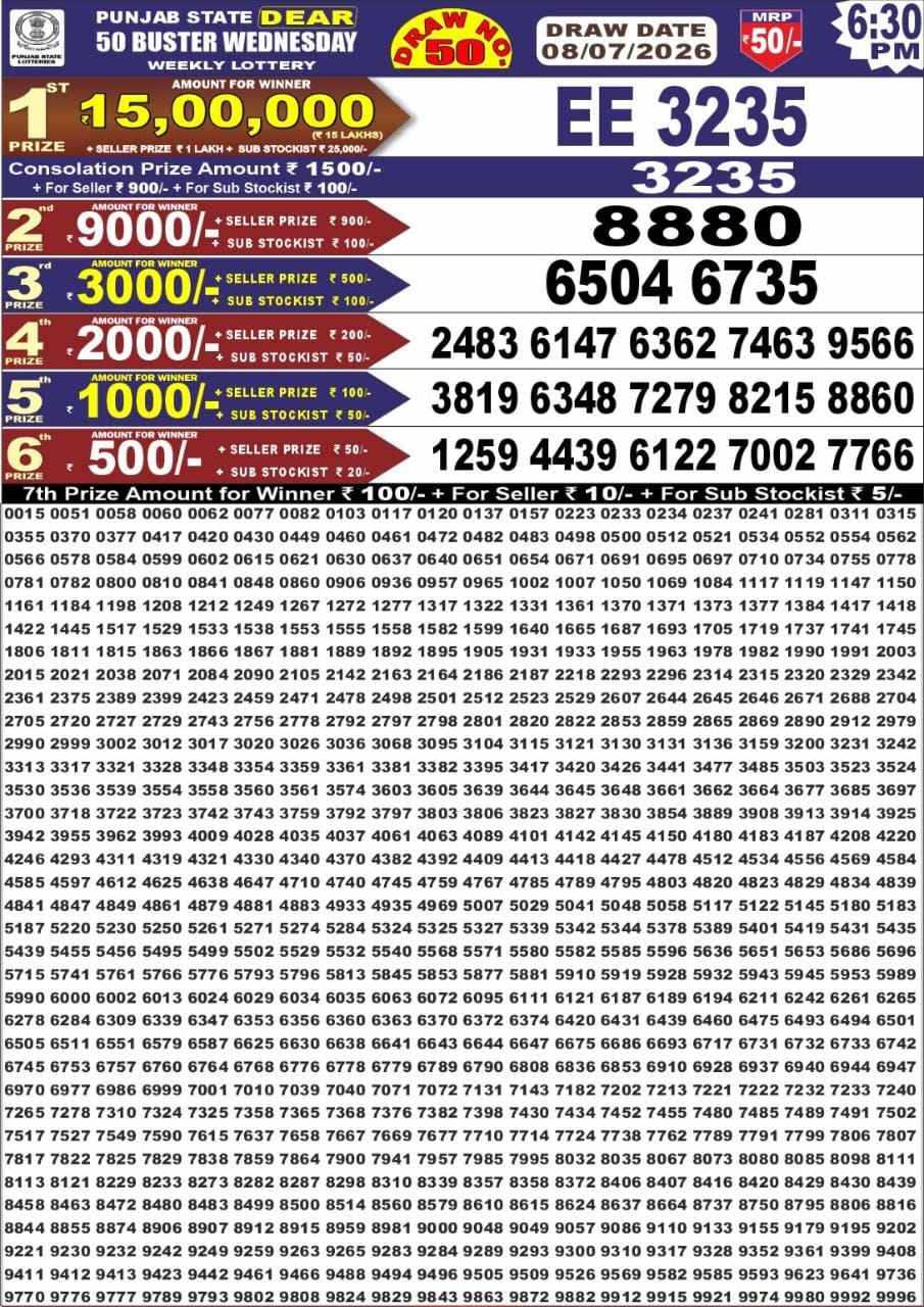 Punjab State Dear 50 Lottery 6:30PM Result 08 07 26