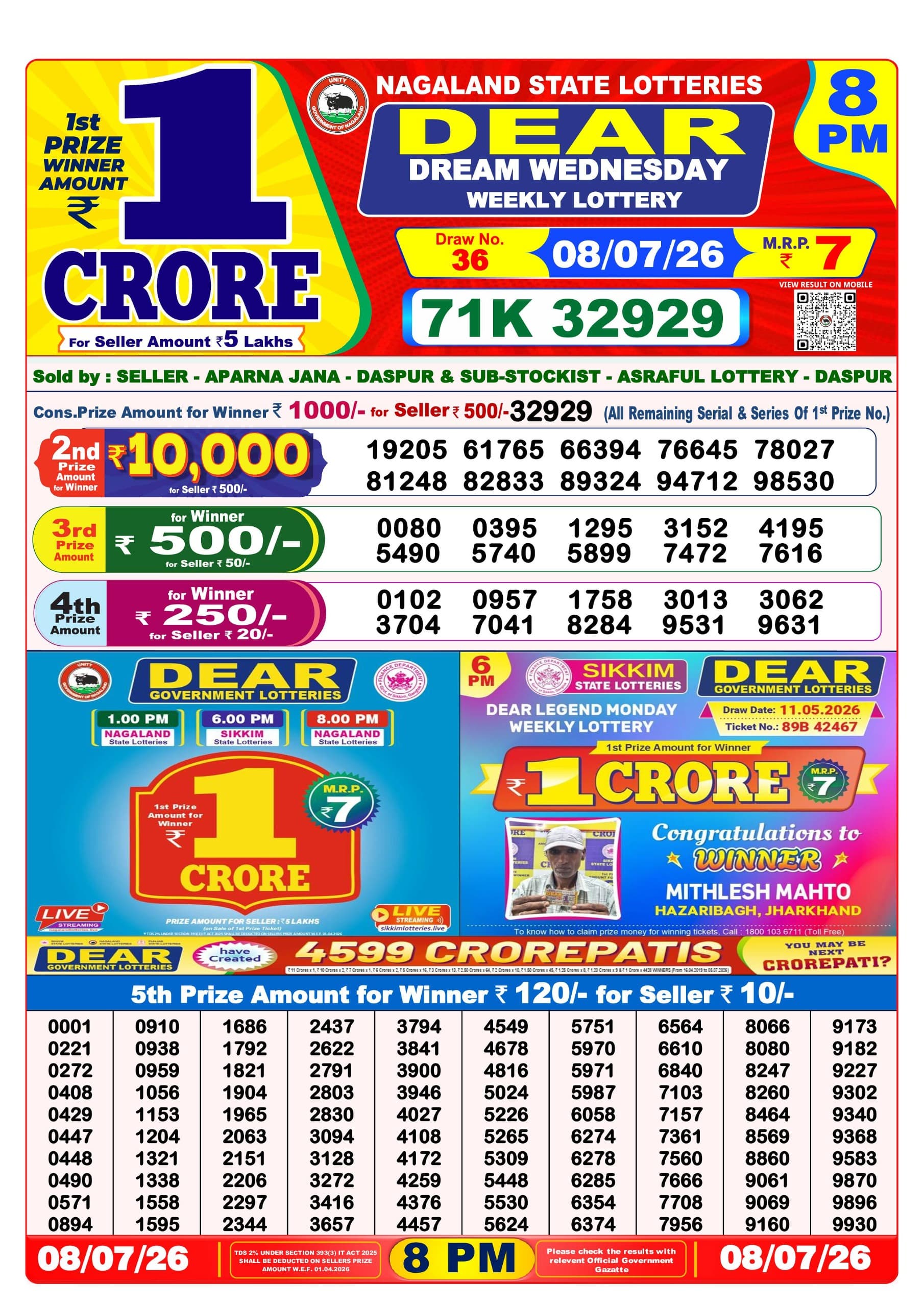 Dear Lottery Result 8PM 08 07 26