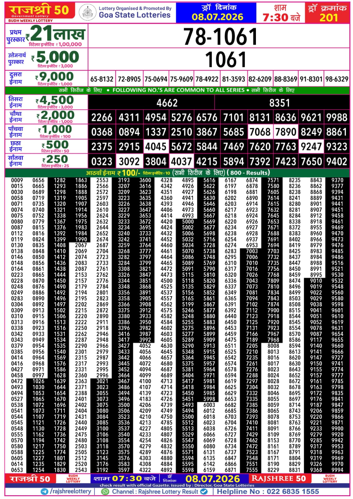 Rajshree 50 Lottery 7:30PM Result 08 07 26