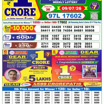 Dear Lottery Result Today 1PM 09 07 26