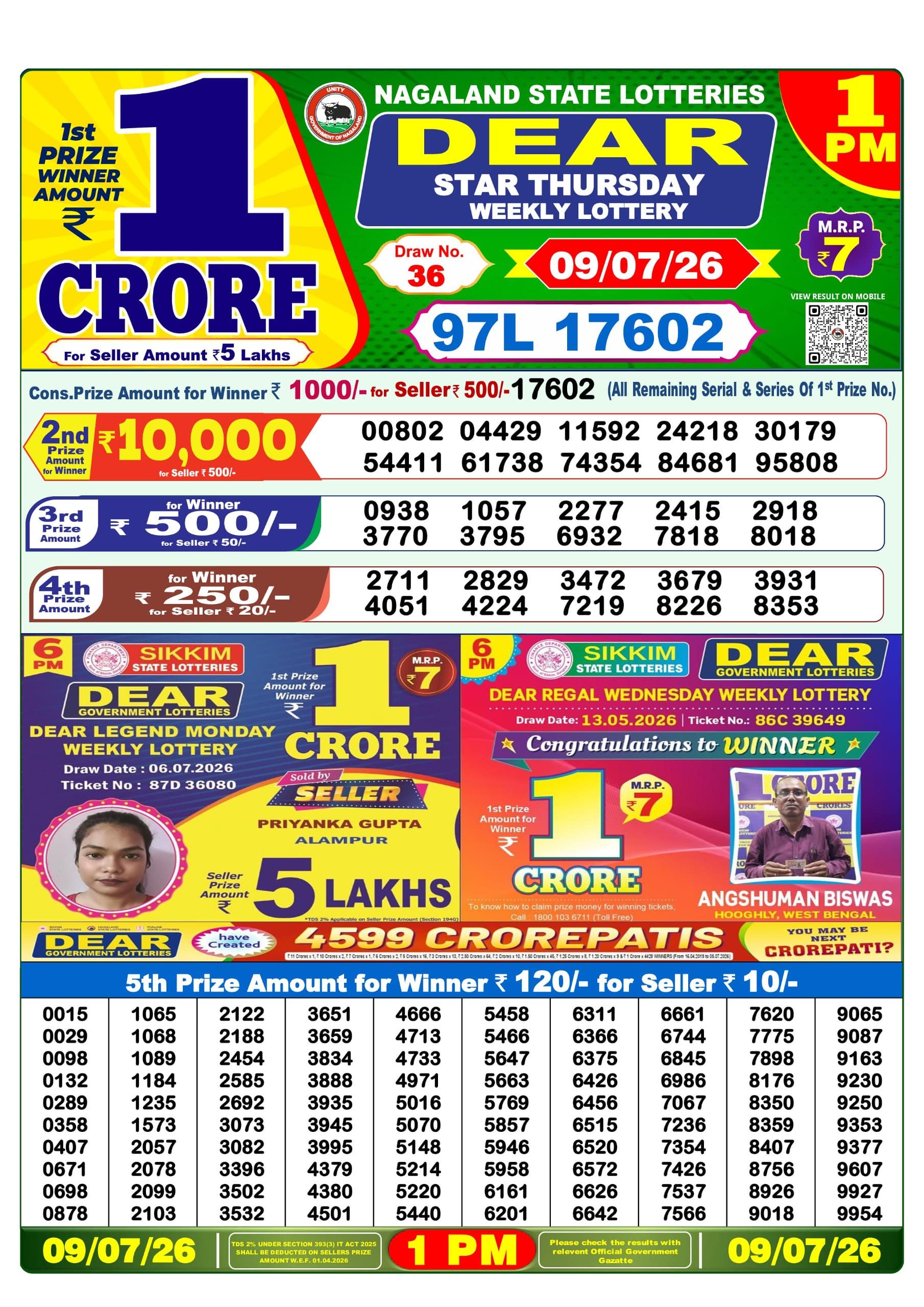 Dear Lottery Result Today 1PM 09 07 26
