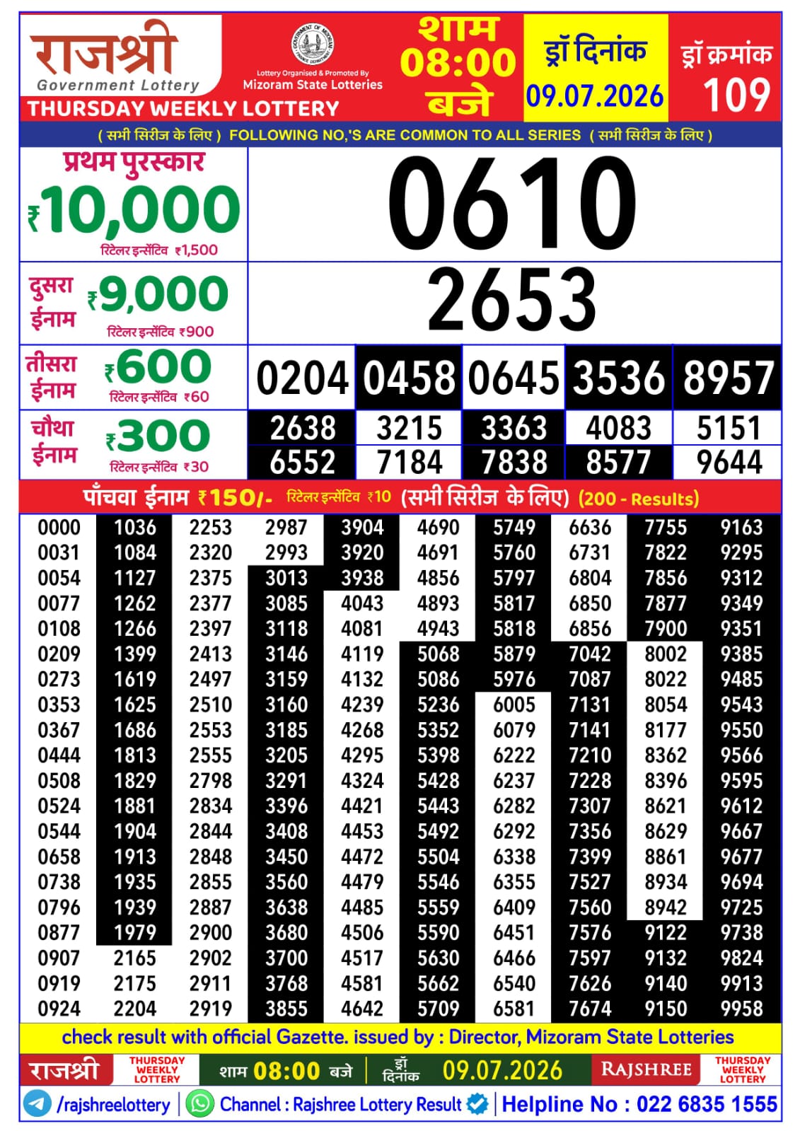 Rajshree Daily 8PM Result 09 07 26