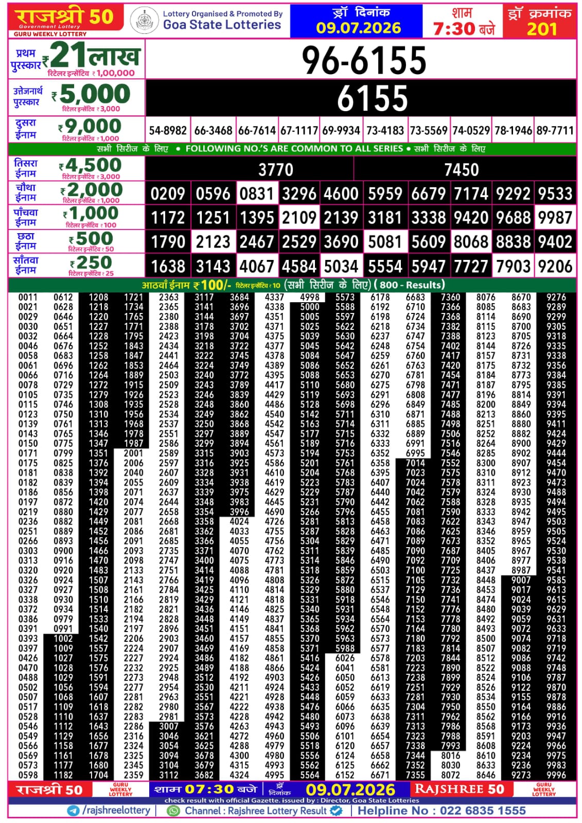 Rajshree 50 Lottery 7:30PM Result 09 07 26