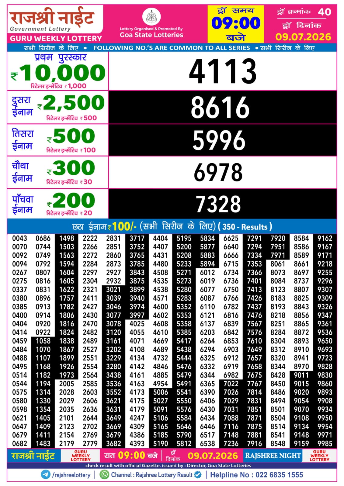 Rajshree 9PM Result 09 07 26