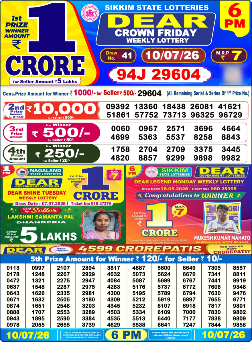 Dear Lottery Today Result 6PM 10 07 26