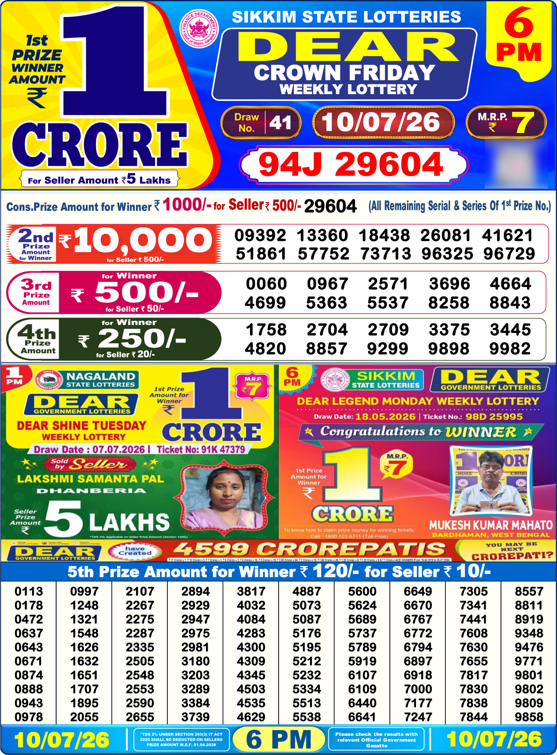 Dear Lottery Today Result 6PM 10 07 26