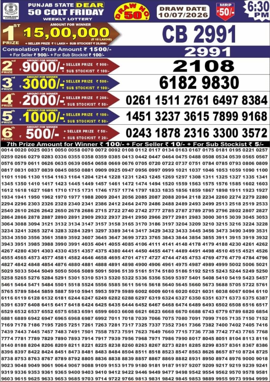 Punjab State Dear 50 Lottery 6:30PM Result 10 07 26