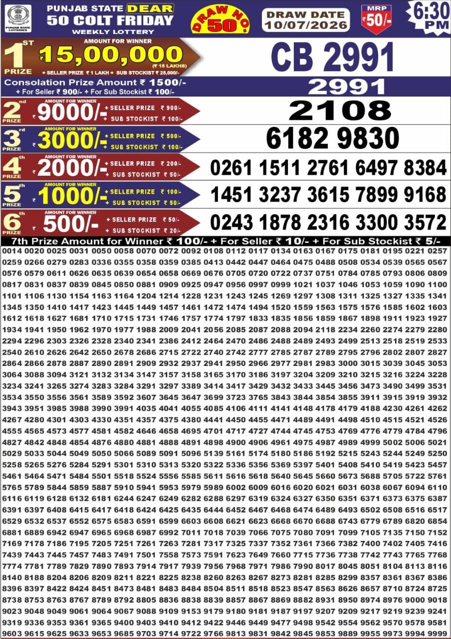 Punjab State Dear 50 Lottery 6:30PM Result 10 07 26