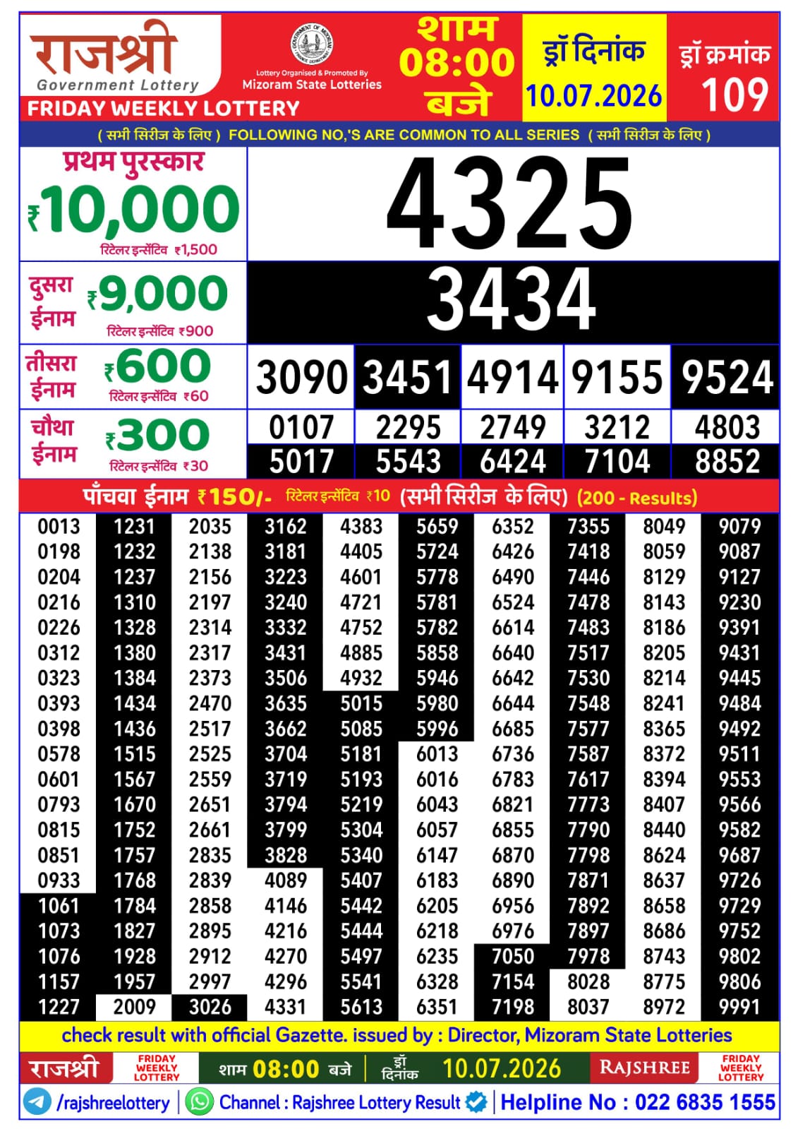 Rajshree Daily 8PM Result 10 07 26