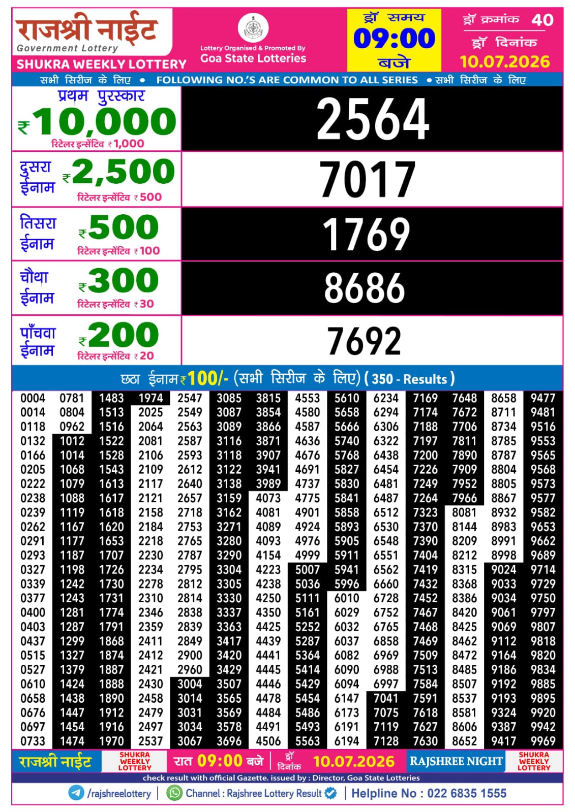 Rajshree 9PM Result 10 07 26