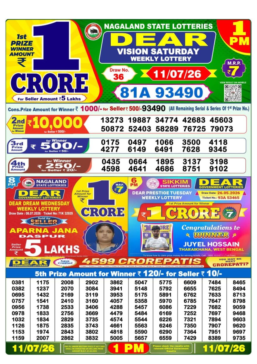 Dear Lottery Result Today 1PM 11 07 26