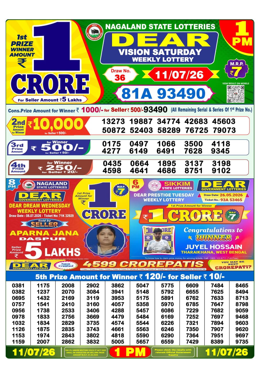 Dear Lottery Result Today 1PM 11 07 26