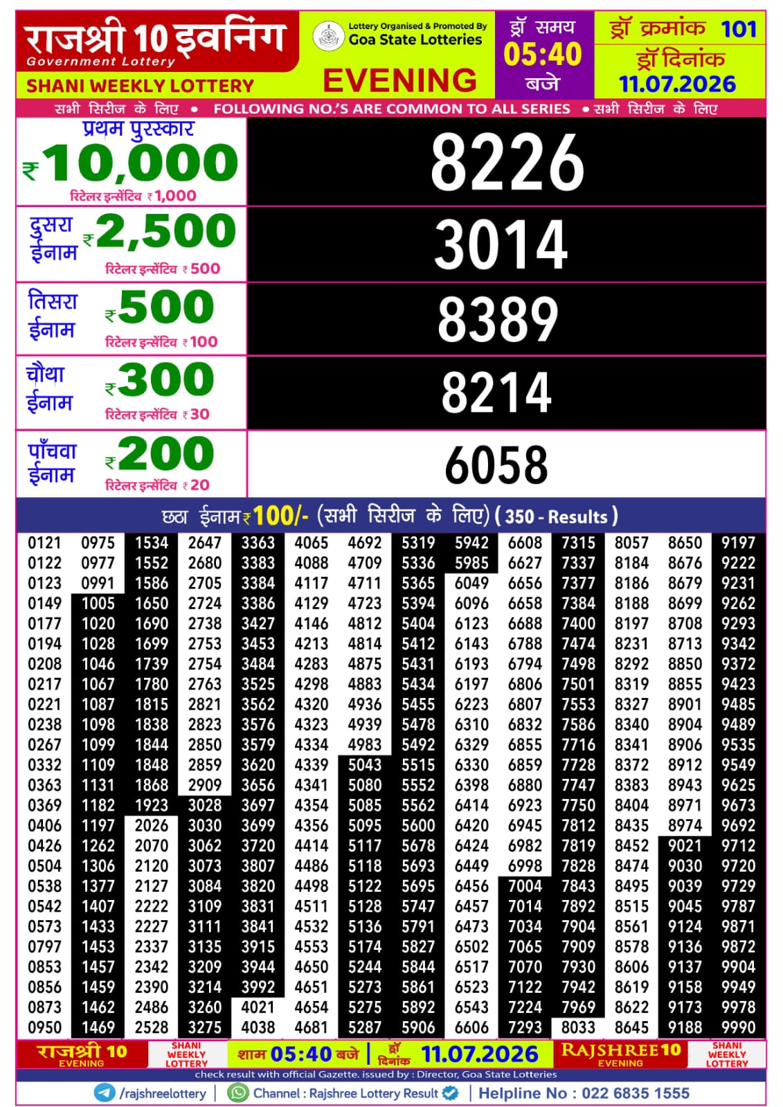 Rajshree 10 Evening 5:40PM Result 11 07 26