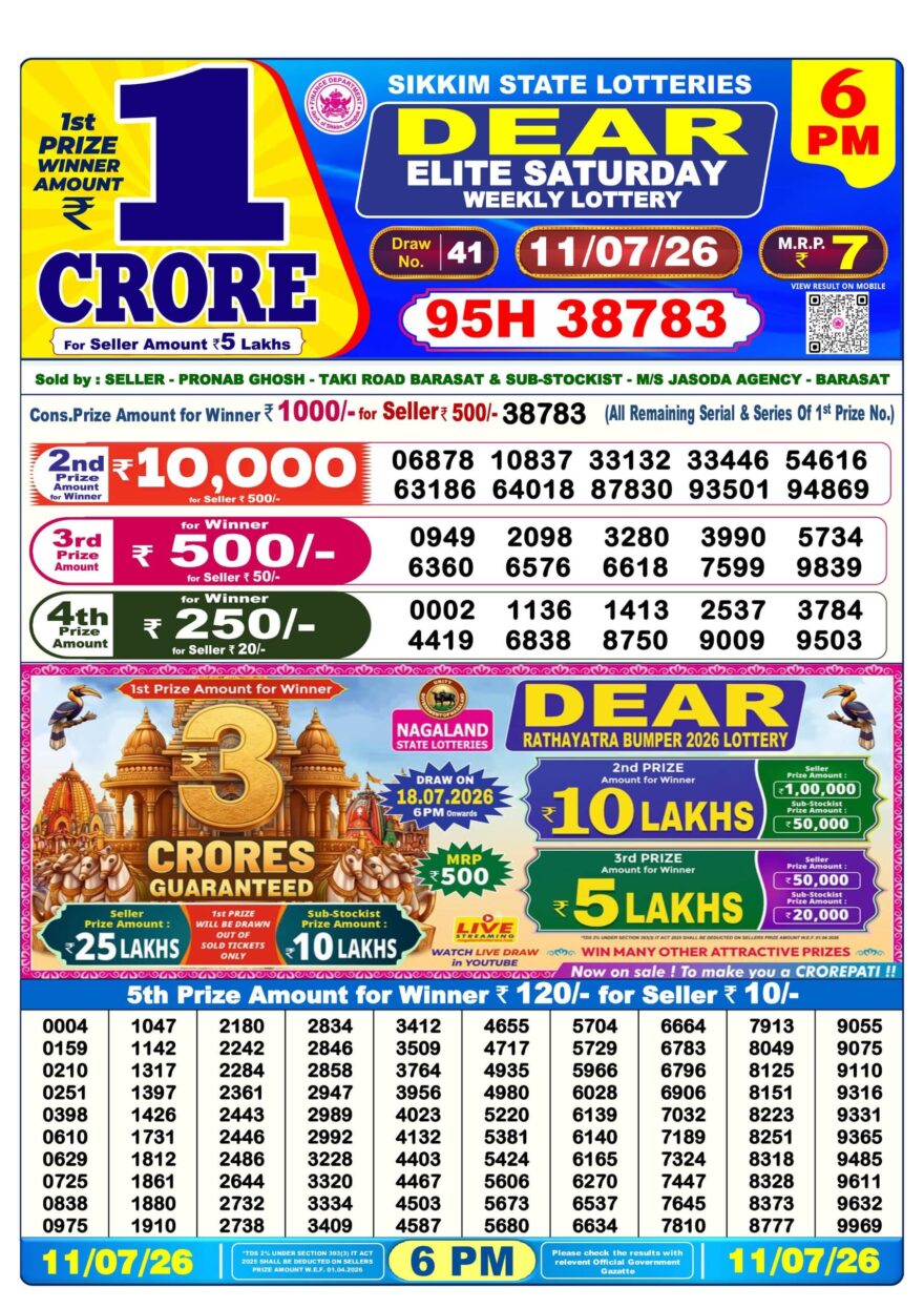 Dear Lottery Today Result 6PM 11 07 26