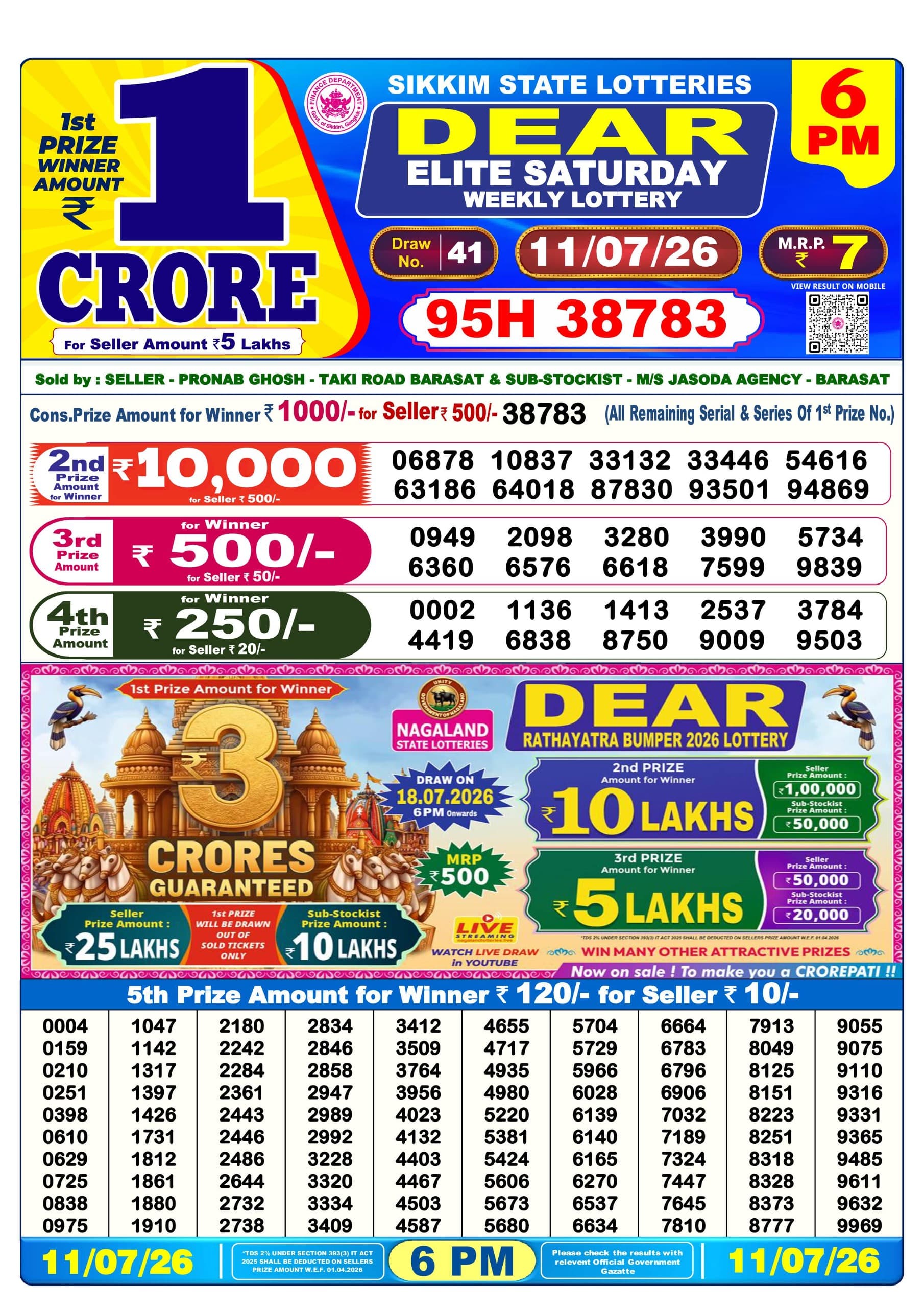 Dear Lottery Today Result 6PM 11 07 26