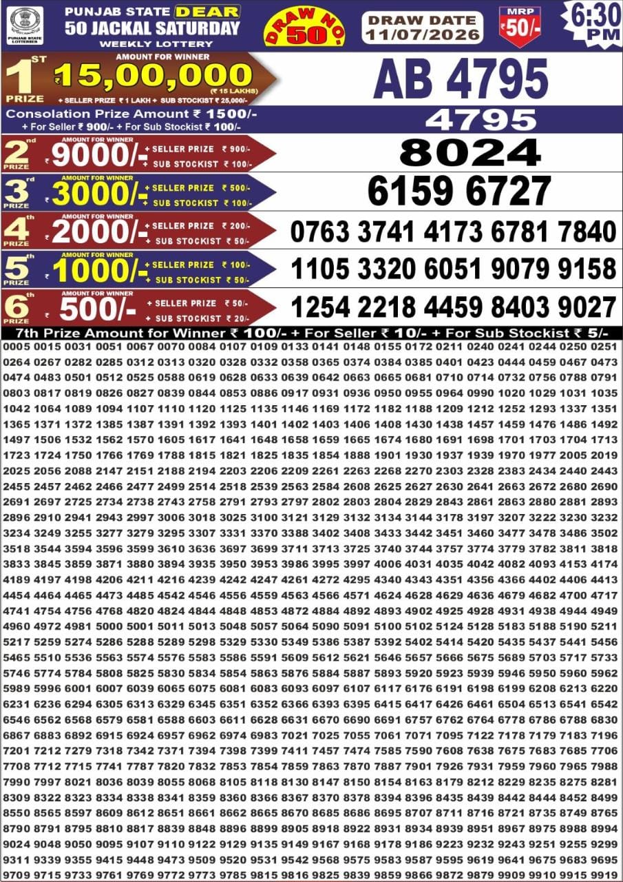 Punjab State Dear 50 Lottery 6:30PM Result 11 07 26
