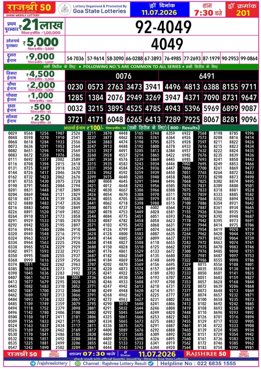 Rajshree 50 Lottery 7:30PM Result 11 07 26