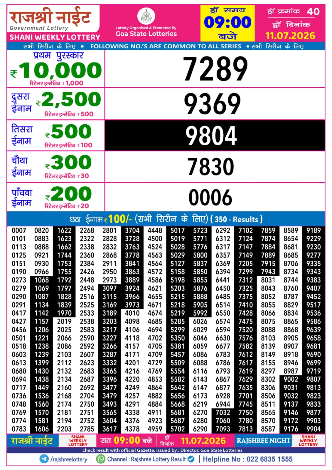 Rajshree 9PM Result 11 07 26