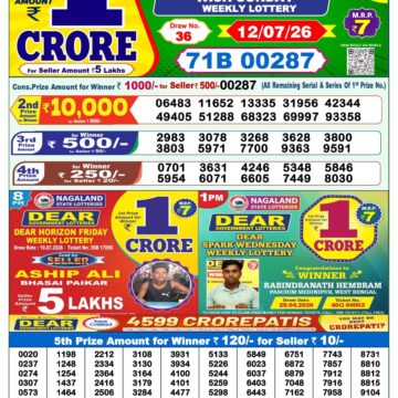 Dear Lottery Result Today 1PM 12 07 26