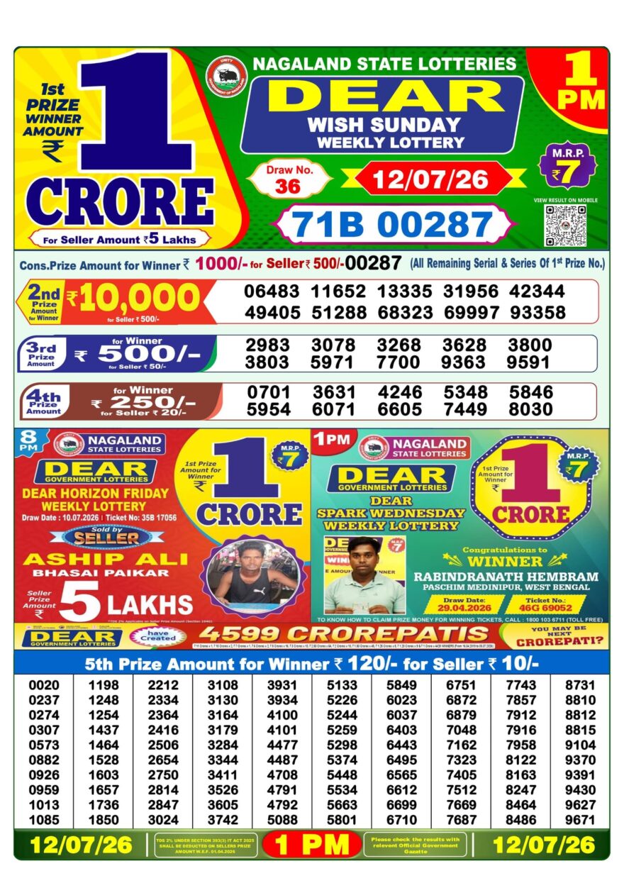 Dear Lottery Result Today 1PM 12 07 26