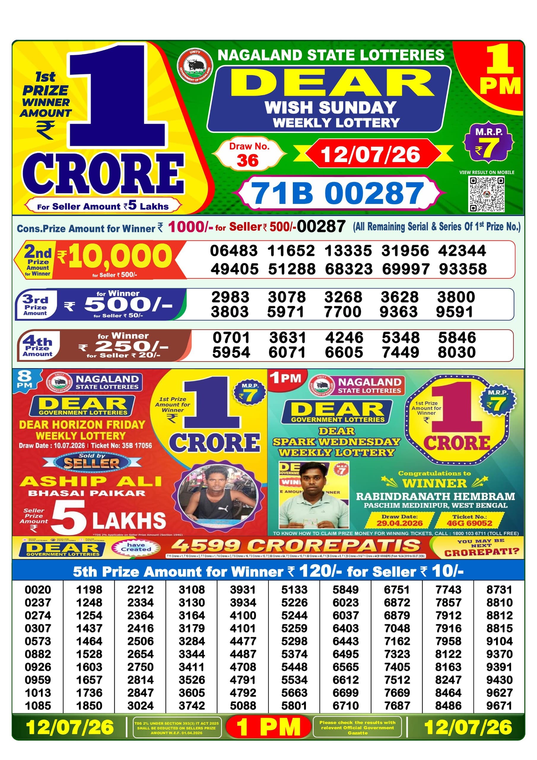 Dear Lottery Result Today 1PM 12 07 26