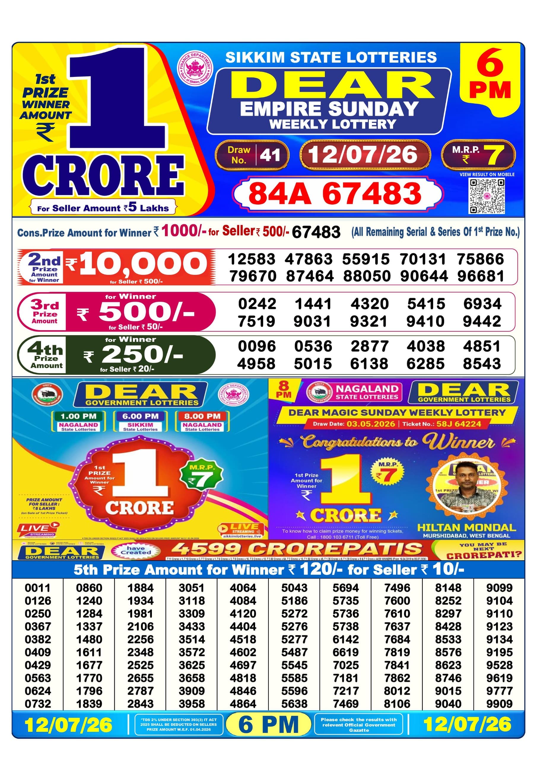 Dear Lottery Today Result 6PM 12 07 26