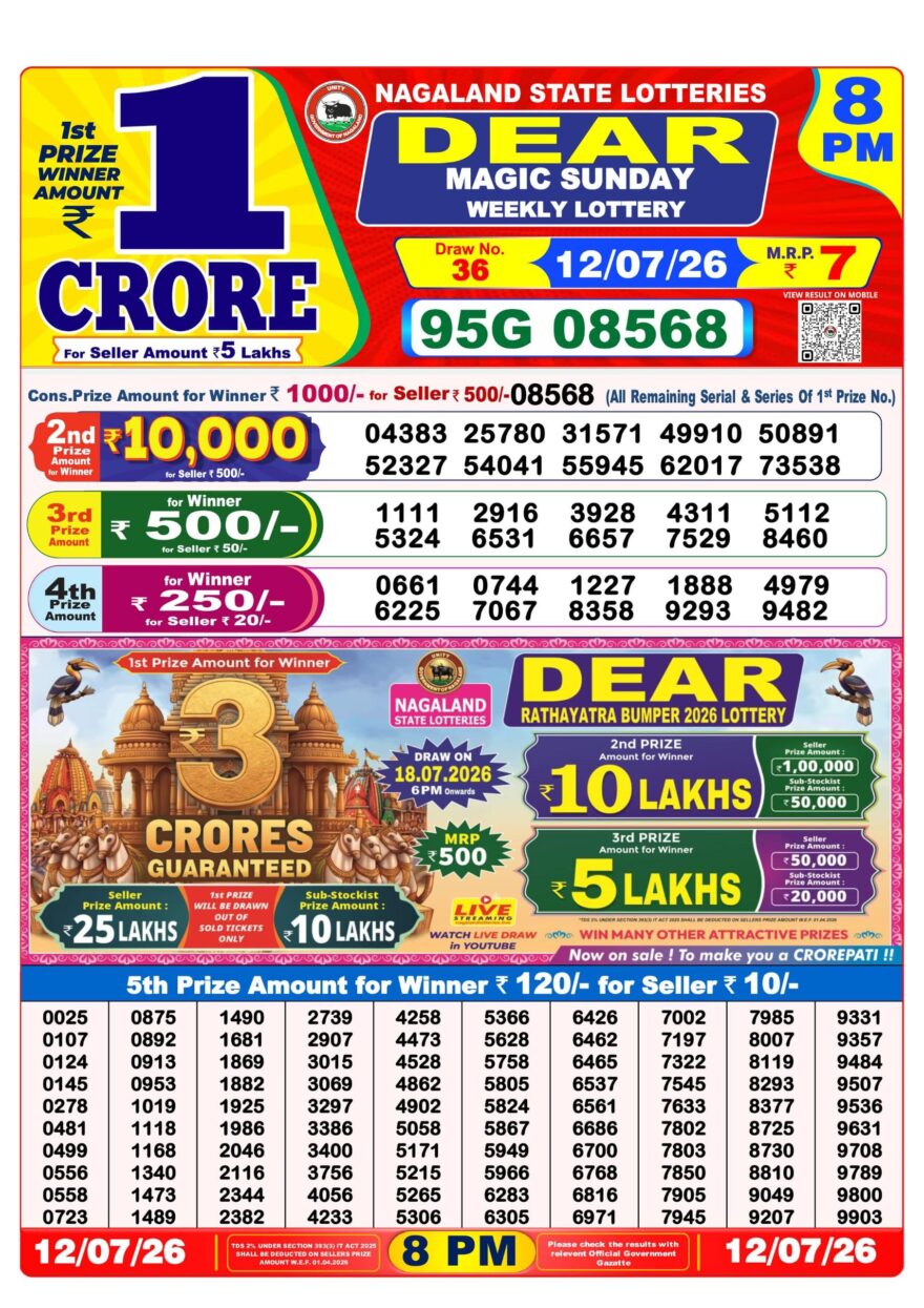 Dear Lottery Result 8PM 12 07 26