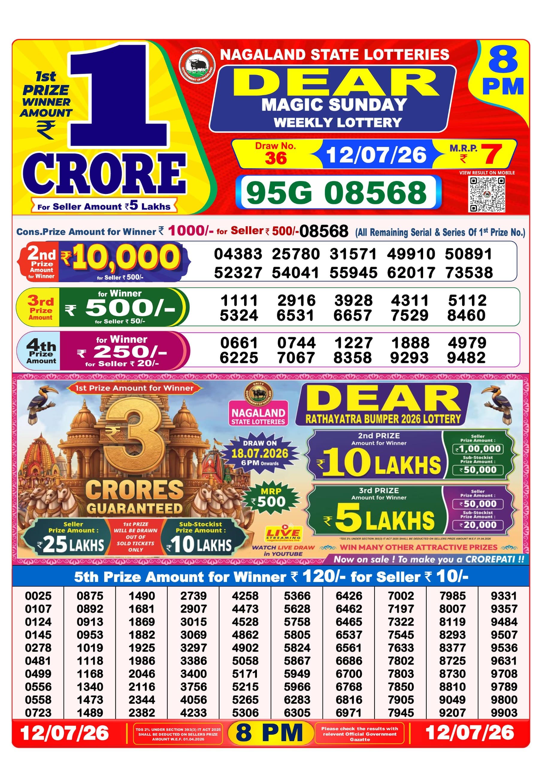 Dear Lottery Result 8PM 12 07 26