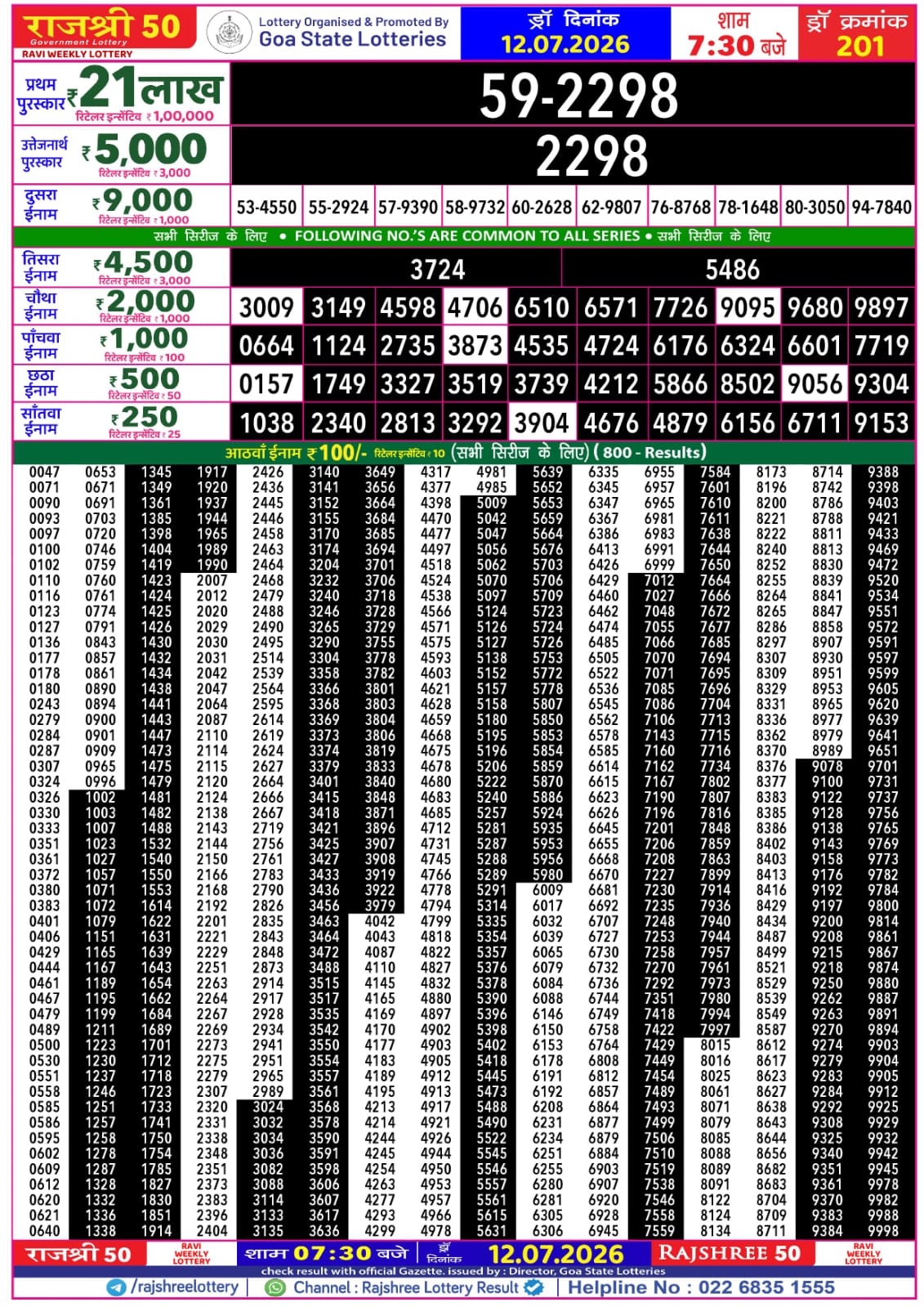 Rajshree 50 Lottery 7:30PM Result 12 07 26