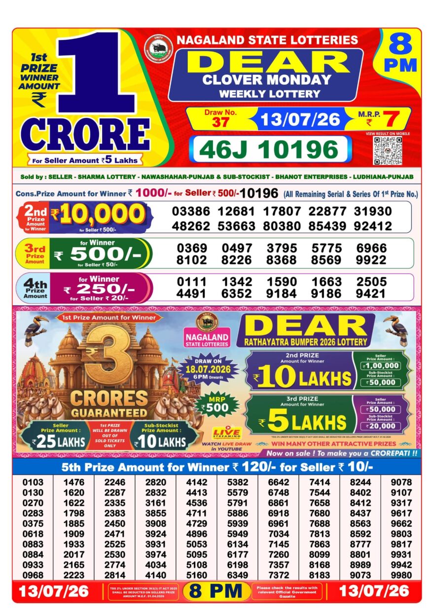 Dear Lottery Result 8PM 13 07 26
