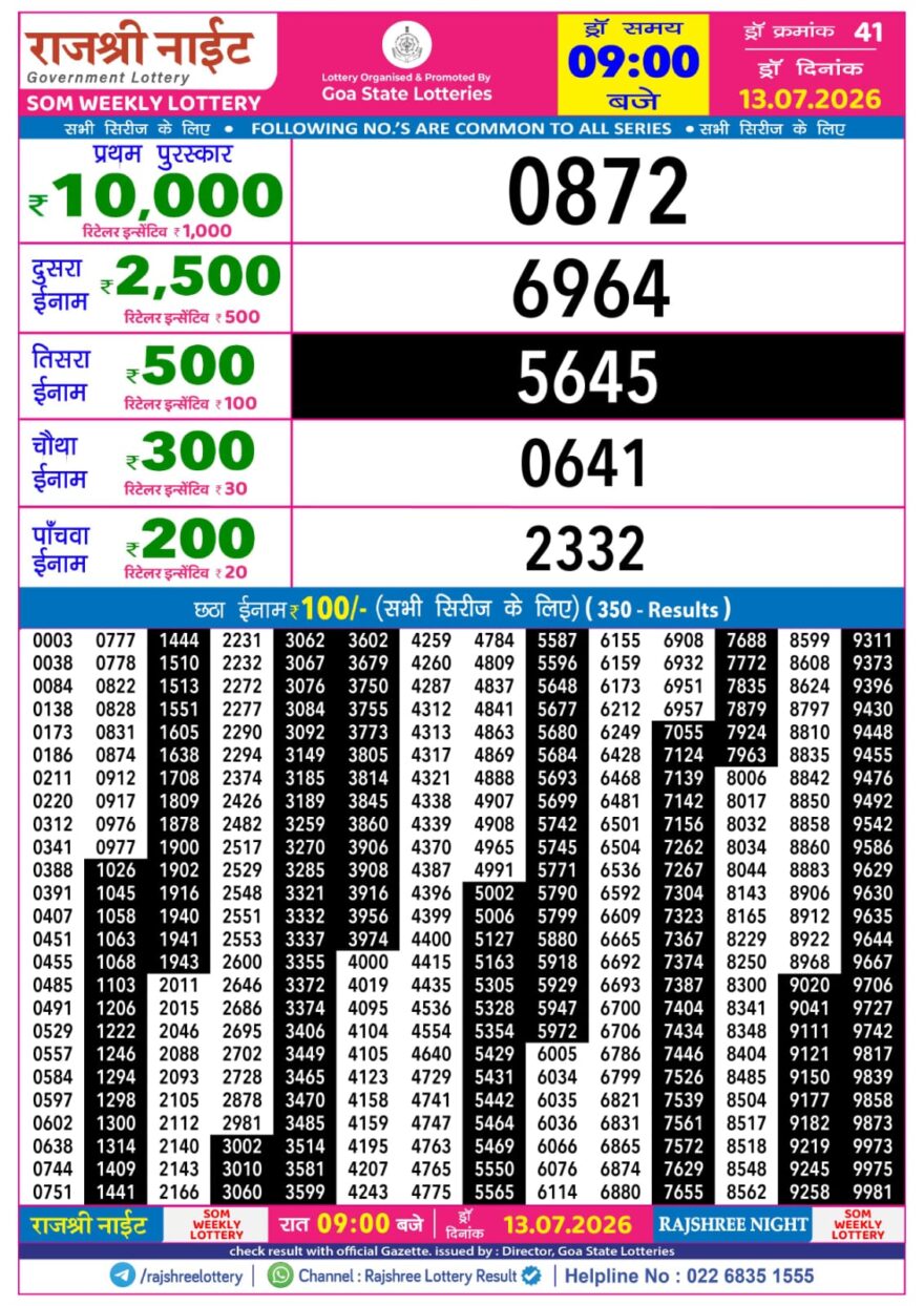 Rajshree 9PM Result 13 07 26