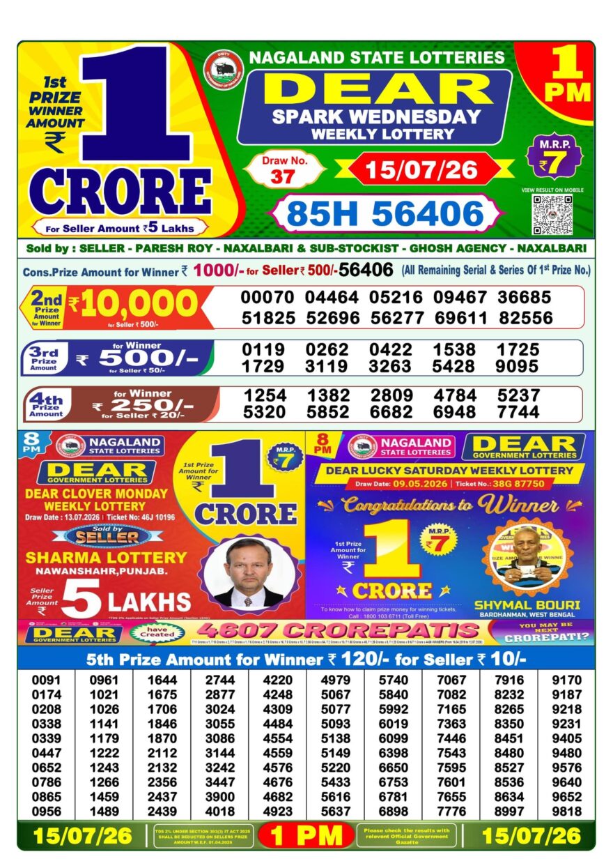 Dear Lottery Result Today 1PM 15 07 26