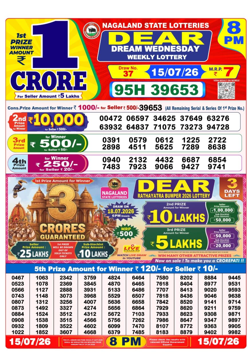 Dear Lottery Result 8PM 15 07 26
