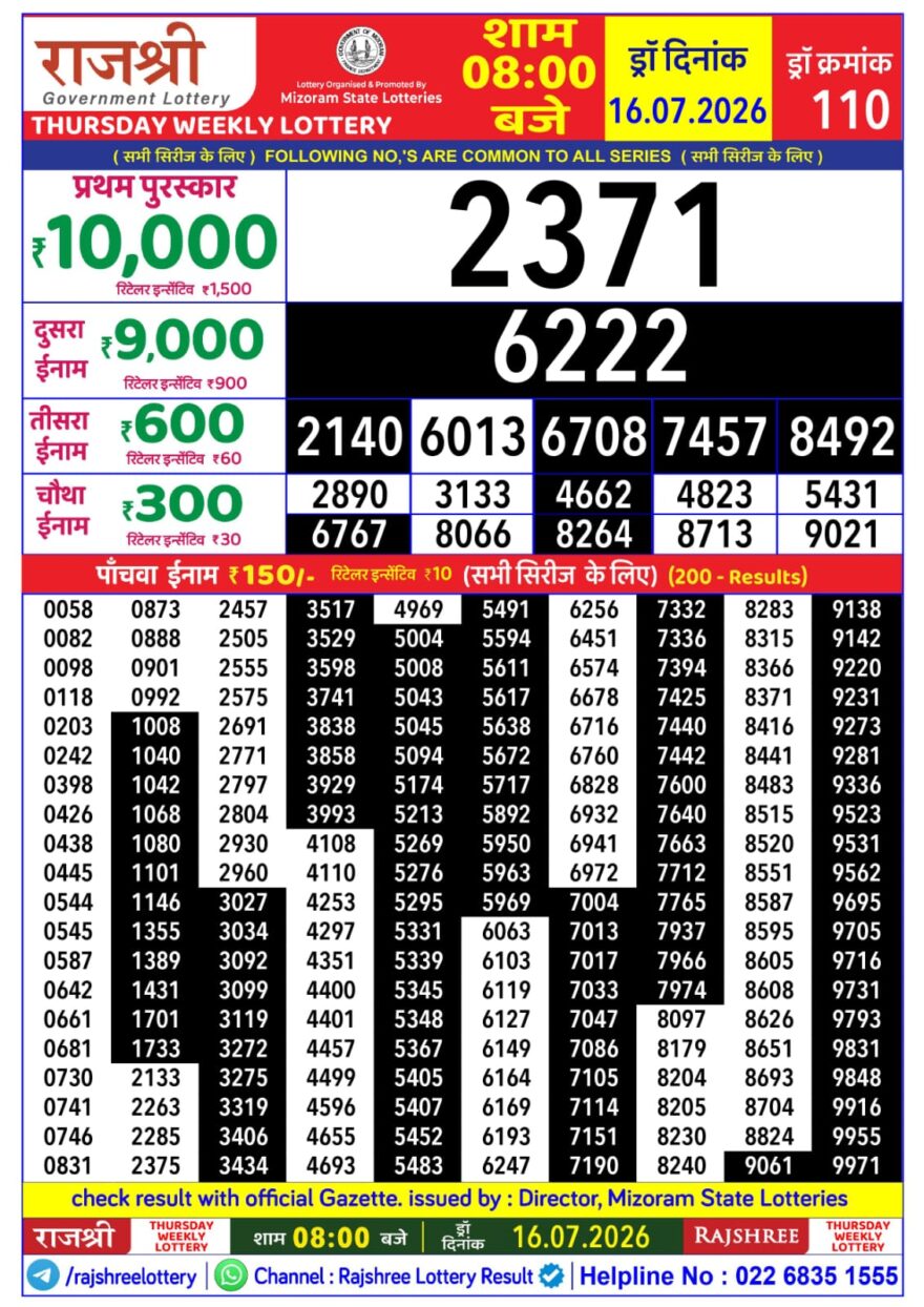 Rajshree Daily 8PM Result 16 07 26