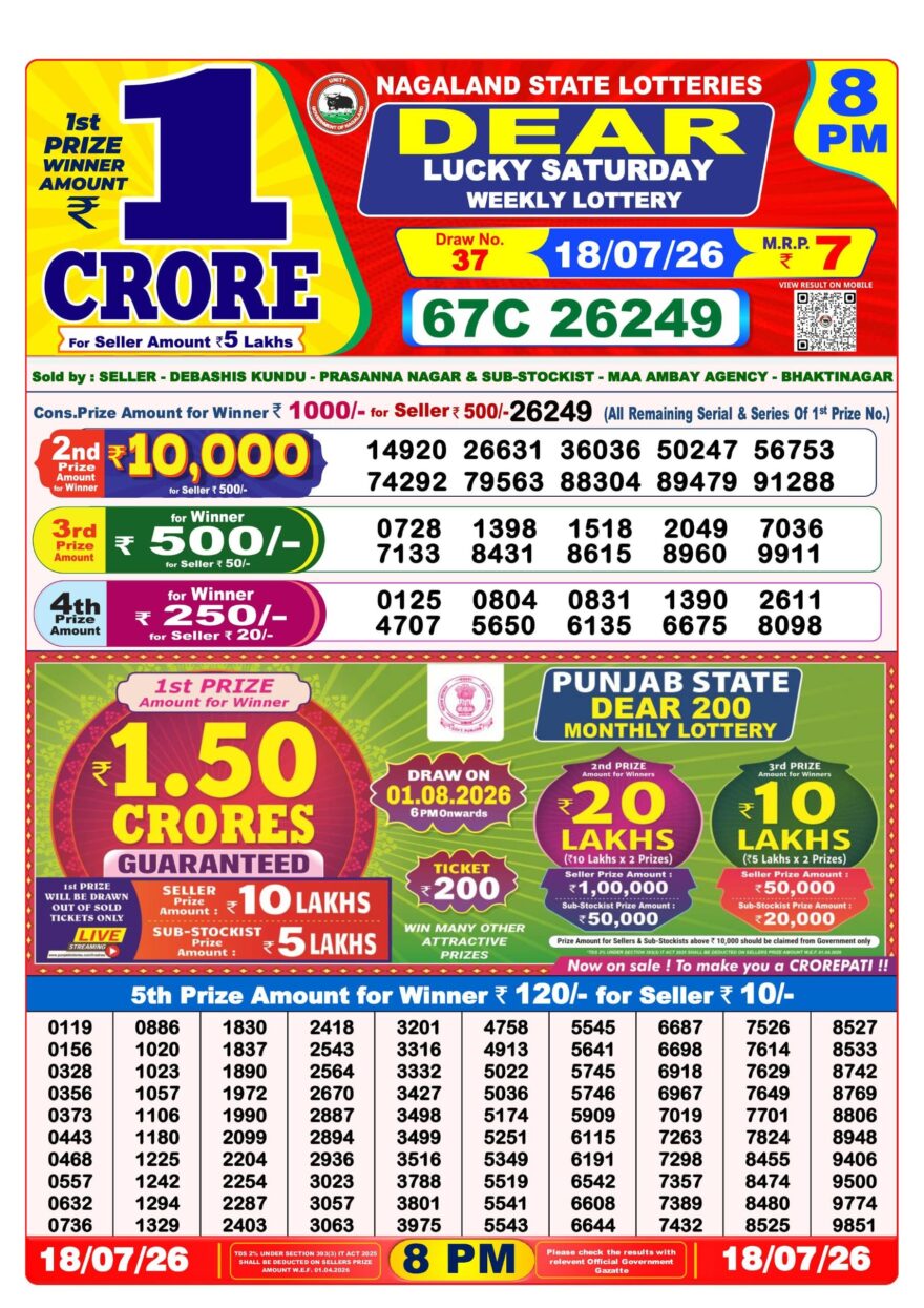 Dear Lottery Result 8PM 18 07 26