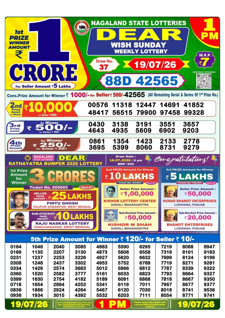 Dear Lottery Result Today 1PM 19 07 26