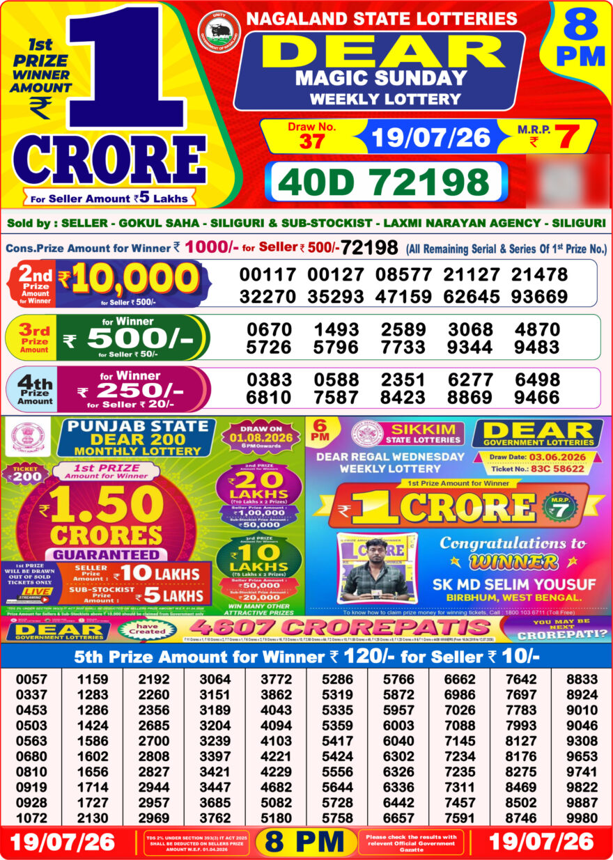 Dear Lottery Result 8PM 19 07 26