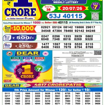 Dear Lottery Result Today 1PM 20 07 26