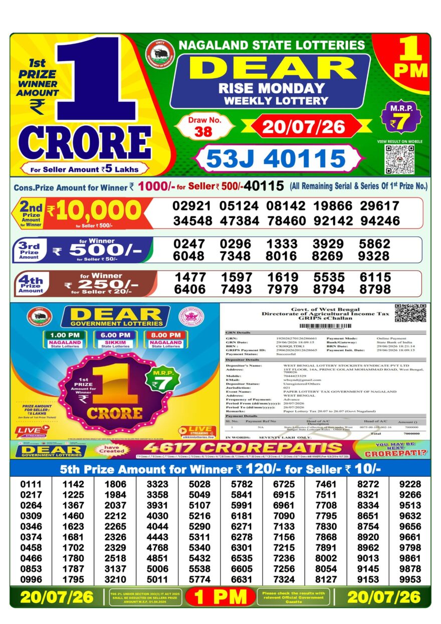 Dear Lottery Result Today 1PM 20 07 26