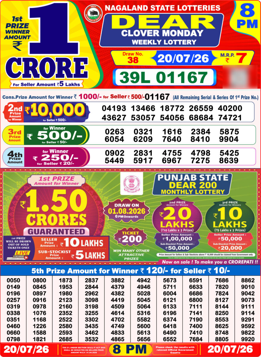 Dear Lottery Result 8PM 20 07 26